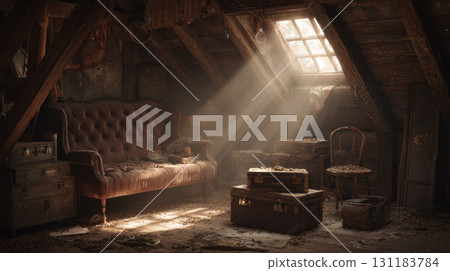 Old attic, dusty, sunlight, vintage sofa, forgotten treasure, nostalgic mood 131183784
