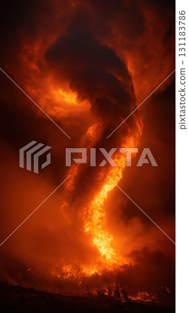 Massive wildfire creating fire tornado with intense swirling flames and dramatic smoke 131183786