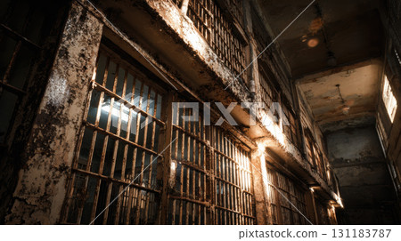 Old prison cell block with empty cells, peeling paint, harsh lighting, and decayed atmosphere 131183787