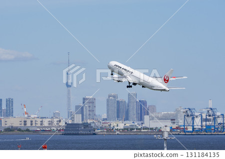Scenery of Haneda Airport, plane taking off and Tokyo Skytree, Ota Ward, Tokyo Scenery of Haneda Airport, plane taking off and Tokyo Skytree, Ota Ward, Tokyo 131184135