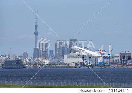 Scenery of Haneda Airport, plane taking off and Tokyo Skytree, Ota Ward, Tokyo Scenery of Haneda Airport, plane taking off and Tokyo Skytree, Ota Ward, Tokyo 131184141