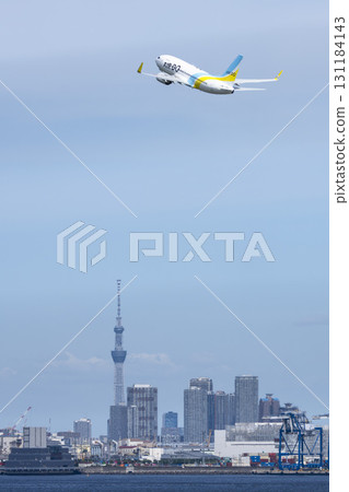 Scenery of Haneda Airport, plane taking off and Tokyo Skytree, Ota Ward, Tokyo Scenery of Haneda Airport, plane taking off and Tokyo Skytree, Ota Ward, Tokyo 131184143