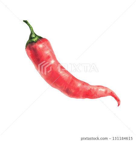 Hot chili pepper. Red whole vegetable and spicy spices. Watercolor hand drawn watercolor realistic illustration isolated from background for food, sauces label design, logo, restaurant, menu, recipe. Hot chili pepper. Red whole vegetable and spicy spices. Watercolor hand drawn watercolor realistic illustration isolated from background for food, sauces label design, logo, restaurant, menu, recipe. 131184615
