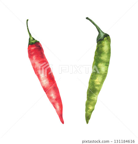 Red chilli pepper. Green and red whole vegetables. Watercolor hand drawn illustrations. Fresh organic two cayenne peppers spice for food. Illustration for menu, recipe label. Isolated from background Red chilli pepper. Green and red whole vegetables. Watercolor hand drawn illustrations. Fresh organic two cayenne peppers spice for food. Illustration for menu, recipe label. Isolated from background 131184616