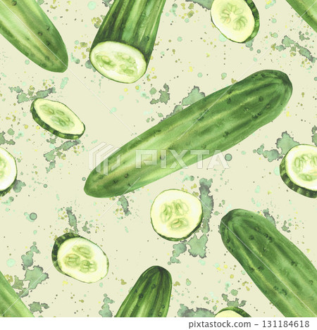 Cucumber seamless pattern. Whole long and sliced in circle vegetable fresh fruit on green stains spotted coloured background. Clipart for food packaging, fabric. Hand drawn illustration 131184618