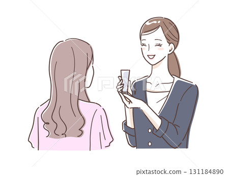 Illustration material of a beauty consultant recommending cosmetics to a woman 131184890