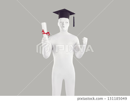 University student disguised in white spandex suit, mask and academic hat celebrating graduation 131185049