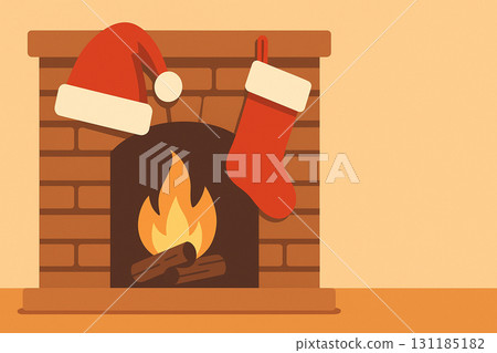 Santa hat and Christmas stockings on the fireplace 131185182
