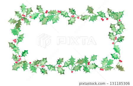 Watercolor painting. Christmas holly illustration with watercolor touch. Christmas frame in December. Green holly vector illustration. 131185306