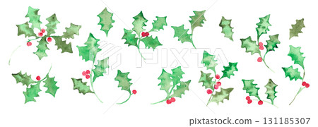 Watercolor painting. Christmas holly illustration with watercolor touch. Christmas frame in December. Green holly vector illustration. Watercolor painting. Christmas holly illustration with watercolor touch. Christmas frame in December. Green holly vector illustration. 131185307