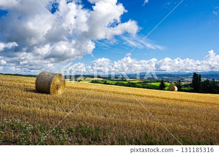 Summertime Senbo Pass with hay rolls (Kami-furano, Hokkaido) 131185316