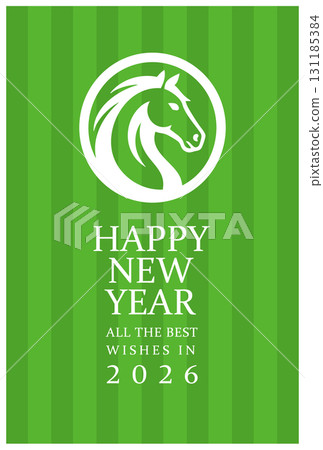 2026 年新年賀卡，帶有馬的插圖、綠色背景和簡單的問候設計 131185384