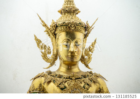 Close up of the mock-up of Phra Fang Buddha statue in Wat Phra Fang temple in Uttaradit province of Thailand. The real statue is currently preserved at Wat Benchamabophit, Bangkok. 131185525