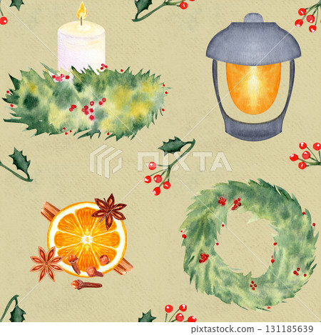 Wreaths, lantern, candle, holly, orange slice, cinnamon, watercolor seamless pattern on textured paper. Perfect for Christmas cards, textile, stationary, scrapbooking, wrapping paper, seasonal design. 131185639