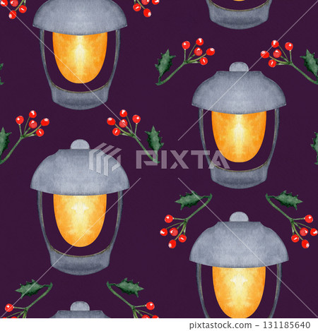 Glowing lanterns and red holly berries watercolor seamless pattern on dark background. Ideal for wrapping paper, fabric, winter invitations, festive backgrounds, holiday decor, seasonal craft projects Glowing lanterns and red holly berries watercolor seamless pattern on dark background. Ideal for wrapping paper, fabric, winter invitations, festive backgrounds, holiday decor, seasonal craft projects 131185640