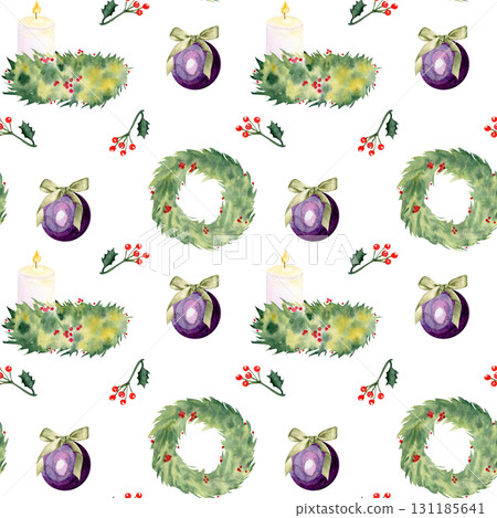 Candles, pine branches, holly berries, baubles, and garland watercolor seamless Christmas pattern isolated on white. Ideal for wrapping paper, fabric, festive backgrounds, holiday crafts, invitations Candles, pine branches, holly berries, baubles, and garland watercolor seamless Christmas pattern isolated on white. Ideal for wrapping paper, fabric, festive backgrounds, holiday crafts, invitations 131185641