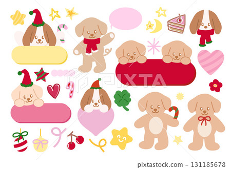 Cute Christmas illustrations of puppy, text bubbles, cake, star, clover leaf, candy cane for pet shop, vet, greeting card, sticker, campaign badge, pet costume, dialogue, festive winter icons, patch Cute Christmas illustrations of puppy, text bubbles, cake, star, clover leaf, candy cane for pet shop, vet, greeting card, sticker, campaign badge, pet costume, dialogue, festive winter icons, patch 131185678