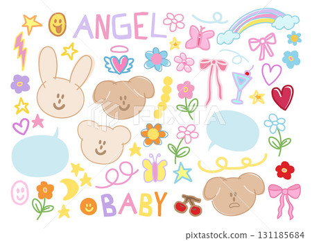 Cute pastel vector illustration of puppy, bunny, rainbow, flowers, butterfly, heart for animal, pet shop, vet, zoo, souvenir, standee, easter, cartoon characters, plush toy, kid doll, mood, expression Cute pastel vector illustration of puppy, bunny, rainbow, flowers, butterfly, heart for animal, pet shop, vet, zoo, souvenir, standee, easter, cartoon characters, plush toy, kid doll, mood, expression 131185684