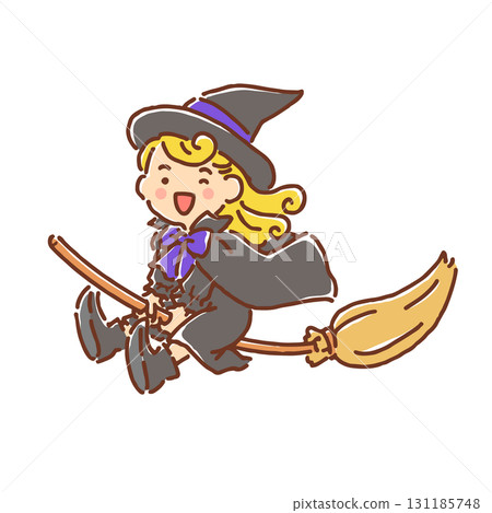 Smiling witch girl riding a broom (full color) 131185748