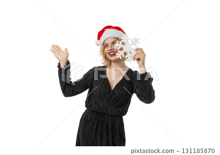 Woman in a black dress celebrates New Year with cheer, isolated, PNG 131185870