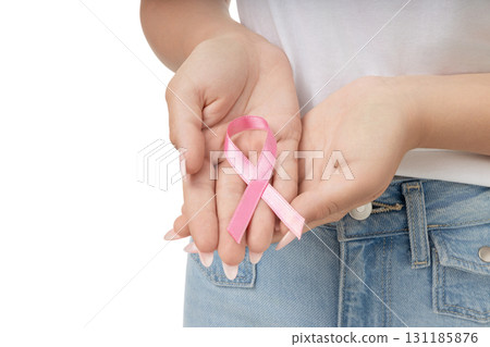 Hands hold a pink ribbon of hope, isolated on white, PNG 131185876