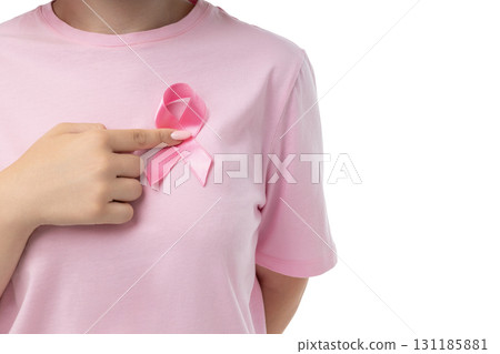 Person points at pink ribbon symbolizing support, isolated, PNG 131185881