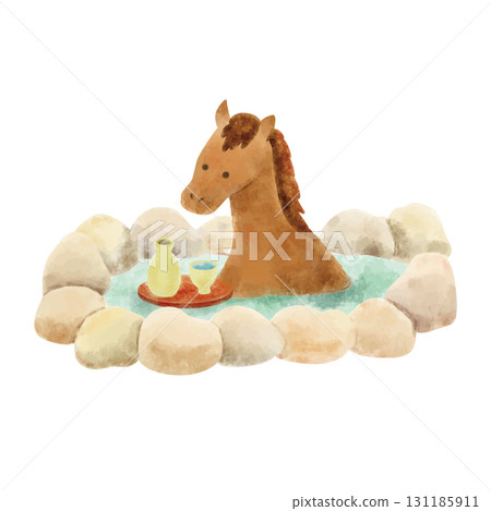 一匹馬進入溫泉的水彩插圖 131185911