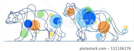 Stylish Line Art of Two Bears Walking Side by Side With Colorful Abstract Shapes in a Minimalist Design 131186176