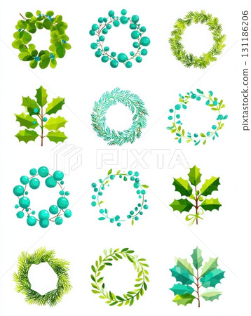Decorative Wreaths in Various Styles Featuring Green Foliage and Blue Berries for Seasonal Celebrations and Home Decor Ideas Decorative Wreaths in Various Styles Featuring Green Foliage and Blue Berries for Seasonal Celebrations and Home Decor Ideas 131186206