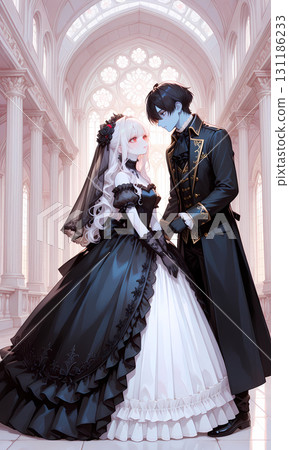 Marrying a lover who turned into a zombie. Halloween for an albino girl and a blue-eyed young man. Manga-style AI illustration 131186233