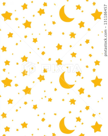 Colorful Pattern Featuring Yellow Moons and Stars on a Bright White Background Creates a Playful and Whimsical Atmosphere Suitable for Various Designs 131186457