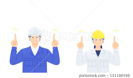 Illustration of male and female workers wearing helmets pointing to draw attention Illustration of male and female workers wearing helmets pointing to draw attention 131186598