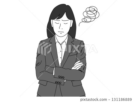 Illustration of a worried business woman with her arms folded, front view, monochrome 131186889