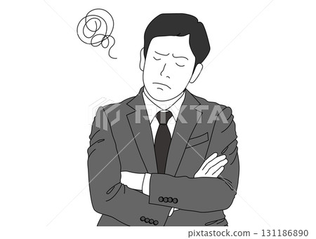 一位憂心忡忡的商人雙臂交叉的插圖，正面圖，單色 131186890