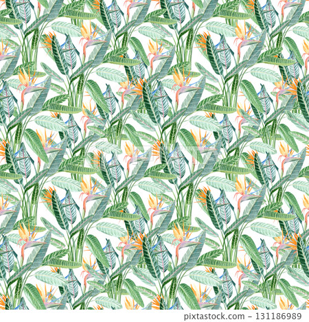 Bird of paradise flower, lush leaves seamless watercolor tropical pattern on white background. Bright and exotic design ideal for fabric, wallpaper, wrapping paper, summer-themed decorative projects. 131186989