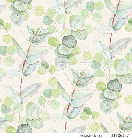 Eucalyptus branch with pointed leaves watercolor seamless pattern on textured paper background. Hand-painted art ideal for textile, natural cosmetics branding, packaging, fabric, eco decor, stationery 131186997