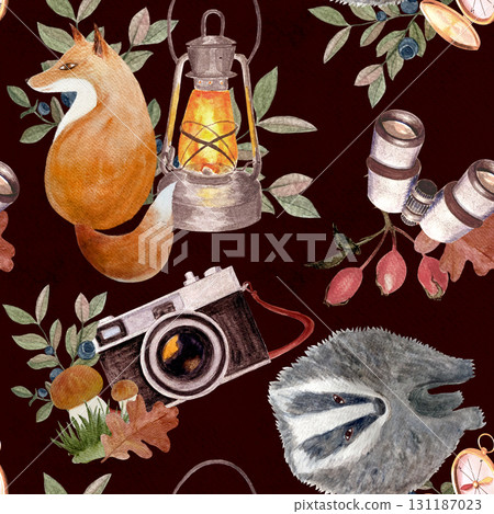 Badger, vintage lantern, binoculars, retro camera, leaves, berries seamless watercolor pattern on a brown background. Perfect for fabric prints, stationery, gift wrap, and autumn seasonal products. 131187023