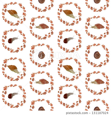 Snails inside autumn wreaths of oak leaves and acorns on a white background. Seamless watercolor pattern perfect for fabric prints, gift wrapping, stationery, wallpapers, and eco-themed products. Hand 131187024