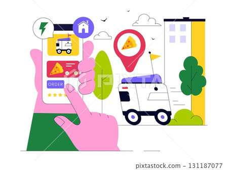 Food Delivery Robot Service Vector Illustration Featuring an AI Robot Serving Boxed Meals in a Restaurant with a Modern Robotic Waiter System Design 131187077