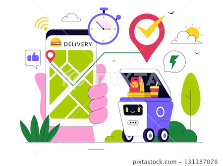 Food Delivery Robot Service Vector Illustration Featuring an AI Robot Serving Boxed Meals in a Restaurant with a Modern Robotic Waiter System Design 131187078