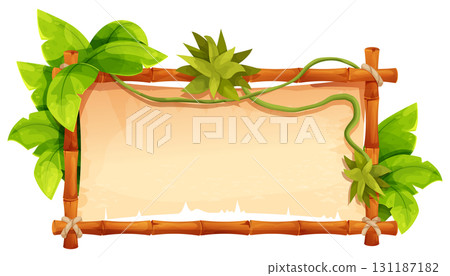 Bamboo frame with empty parchment with rope, jungle leaves and vine. Themed projects game ui border, menu. Old paper textured, bamboo border. 131187182