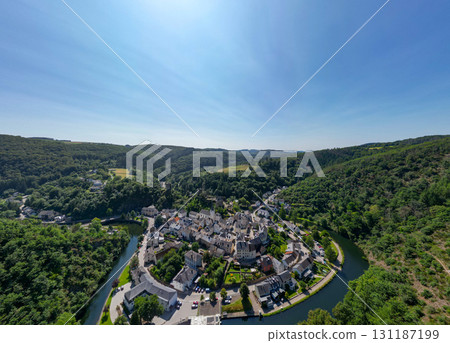 Esch-sur-Sure, Wiltz, Grand-Duche de Luxembourg, August 10, 2025, An Aerial View of a Quaint and 131187199
