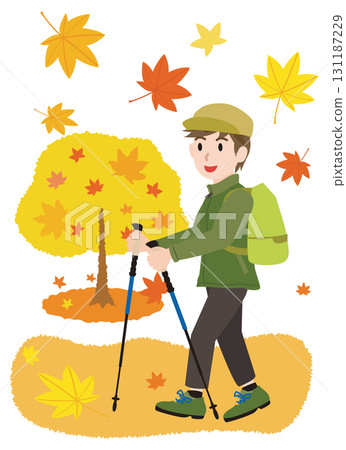 一名男子在秋季徒步旅行的插圖 一名男子在秋季徒步旅行的插圖 131187229