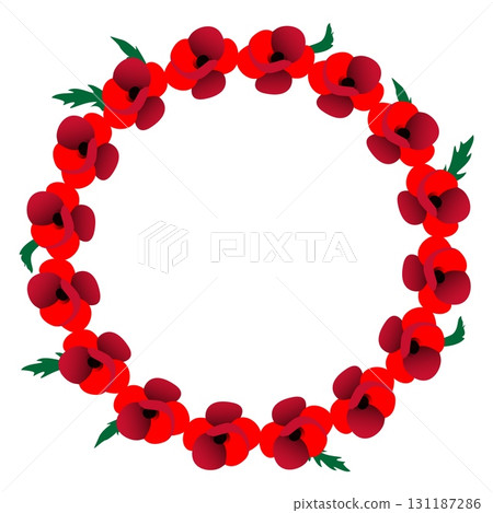 Vector illustration of circle frame with red poppies and green leaves on white background 131187286