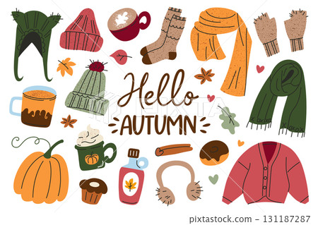 Collection of cozy autumn elements with pumpkin, coffee cups, scarves, hats, socks, and fall leaves, flat cartoon vector illustrations for seasonal design, greeting cards, posters and decoration set 131187287