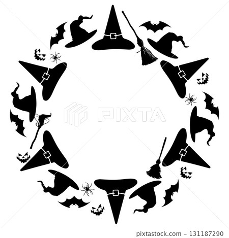 Vector circle frame with black silhouette Halloween elements isolated on white background 131187290