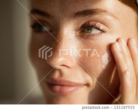 一位女士在臉頰上塗抹乳霜的側面像 一位女士在臉頰上塗抹乳霜的側面像 131187553