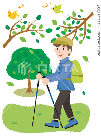 Illustration of a man trekking in the forest Illustration of a man trekking in the forest 131187554