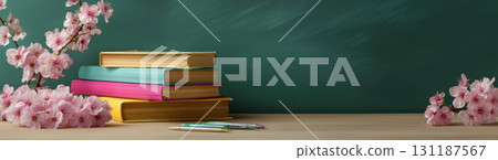 Bright books and pink flowers brighten Teachers Day, created AI 131187567