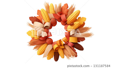 Colorful autumn wreath with corn accents, created AI, PNG 131187584